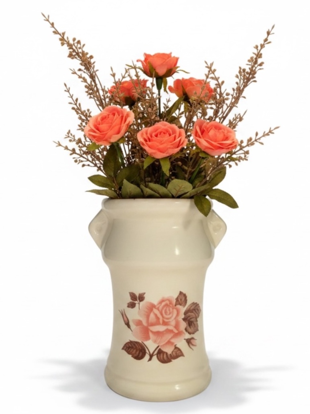 Vase Ceramic Milk Jug Cream Pink Rose Flower Double Handle Countrycore 7.5
